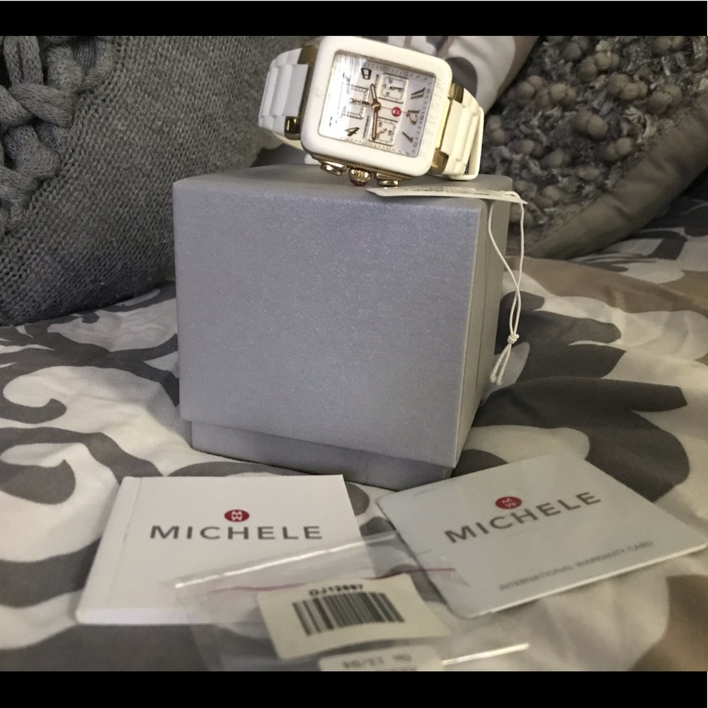 Michele White Ceramic Watch with Gold-Tone Accents